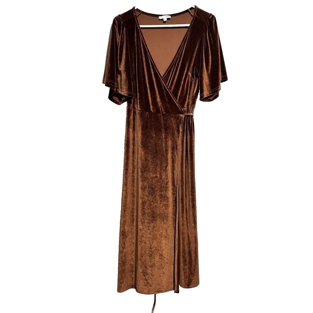 Baltic Born Velvet Wrap Maxi Dress Rust Brown Flutter Formal Evening Gown L - Picture 2 of 7